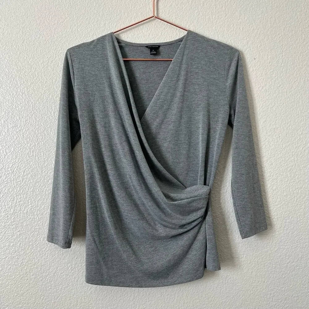 Ann Taylor gray faux wrap 3/4 sleeve top 493841